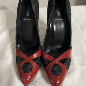 Fendi women’s pumps, burgundy patent and black lace, Size 8